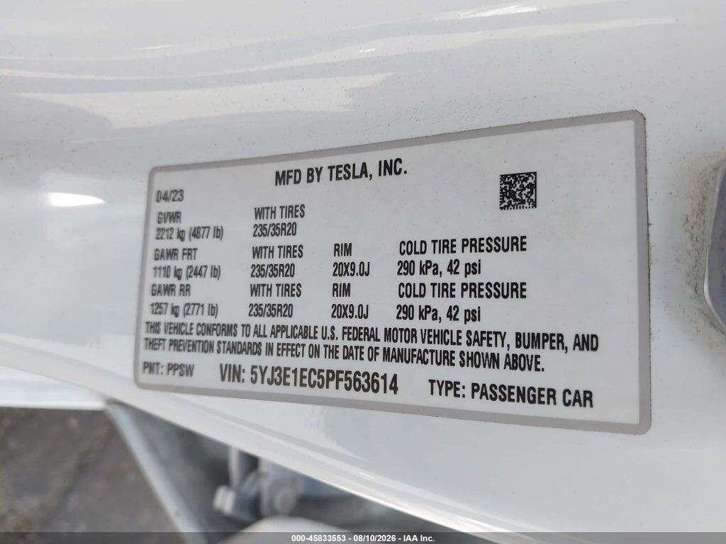 5YJ3E1EC5PF563614 2023 TESLA MODEL 3 photo no. 9