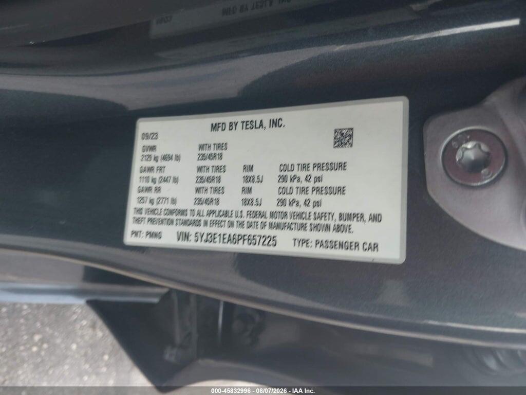 5YJ3E1EA6PF657225 2023 TESLA MODEL 3 photo no. 9