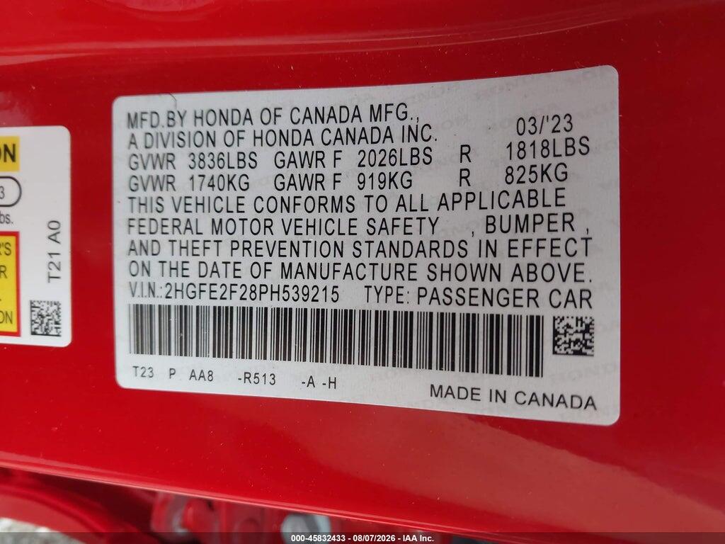 2HGFE2F28PH539215 2023 HONDA CIVIC photo no. 9