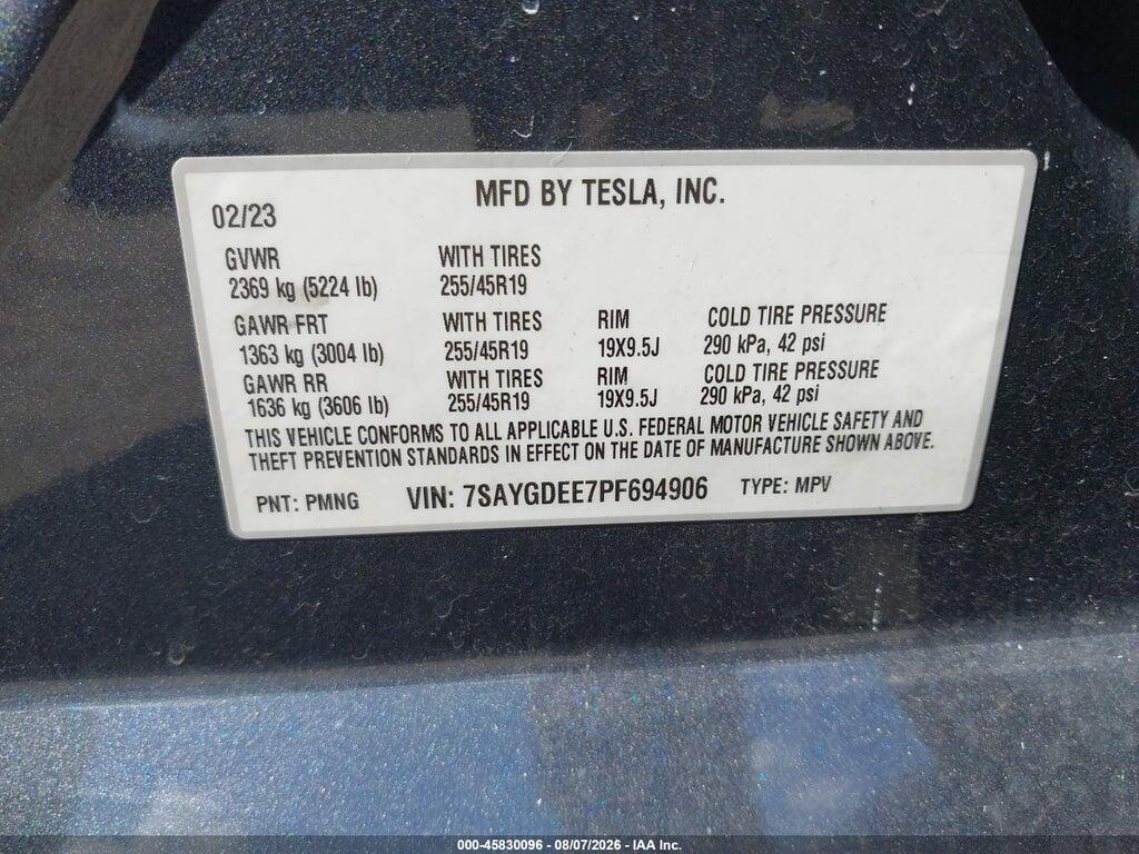 7SAYGDEE7PF694906 2023 TESLA MODEL Y photo no. 9