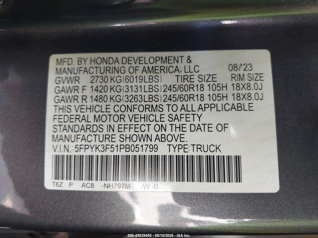 5FPYK3F51PB051799 2023 HONDA RIDGELINE photo no. 9