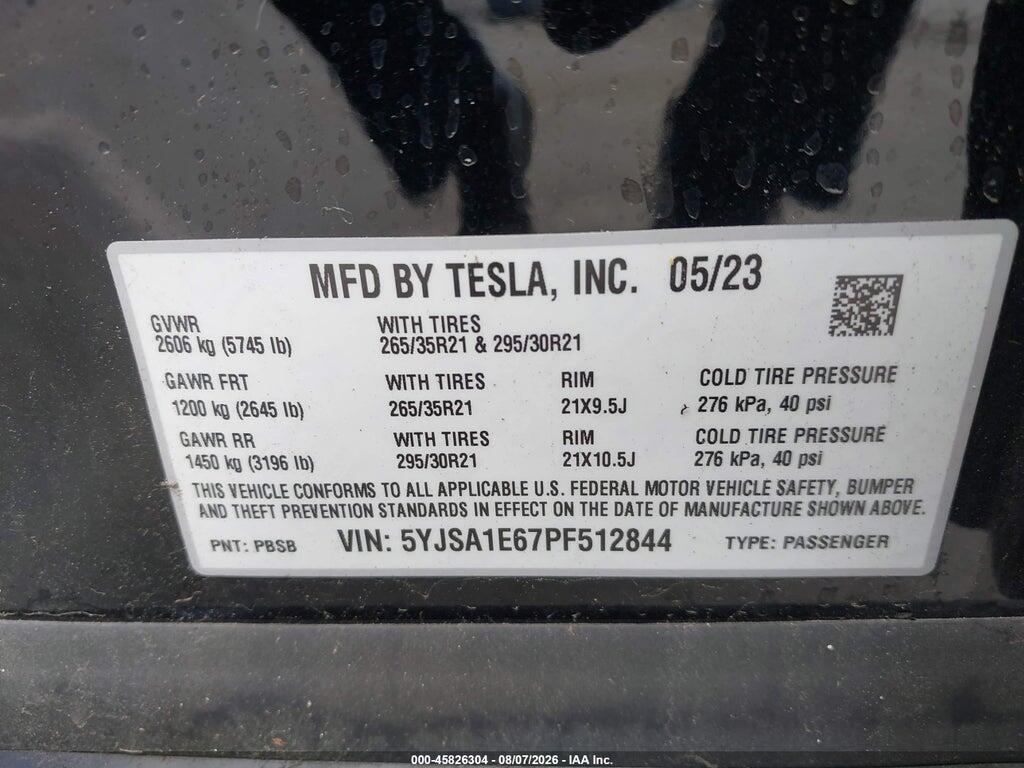 5YJSA1E67PF512844 2023 TESLA MODEL S photo no. 9