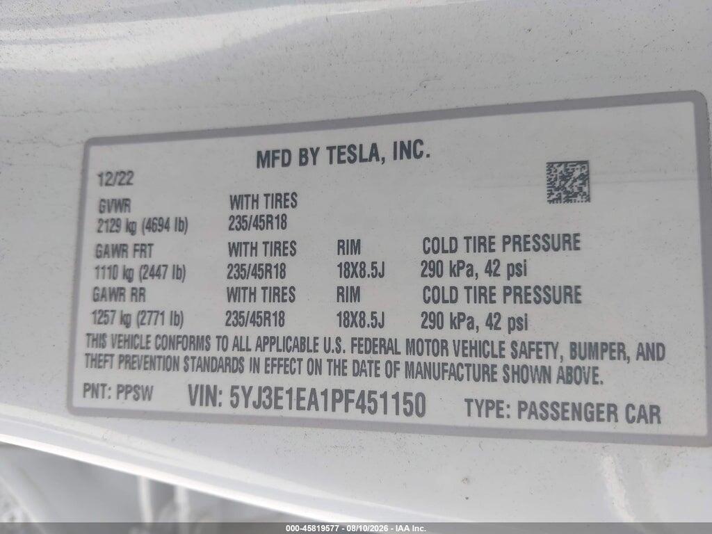 5YJ3E1EA1PF451150 2023 TESLA MODEL 3 photo no. 9