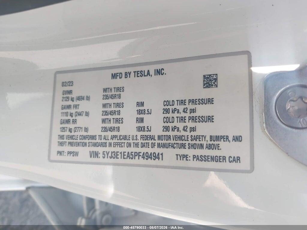 5YJ3E1EA5PF494941 2023 TESLA MODEL 3 photo no. 9