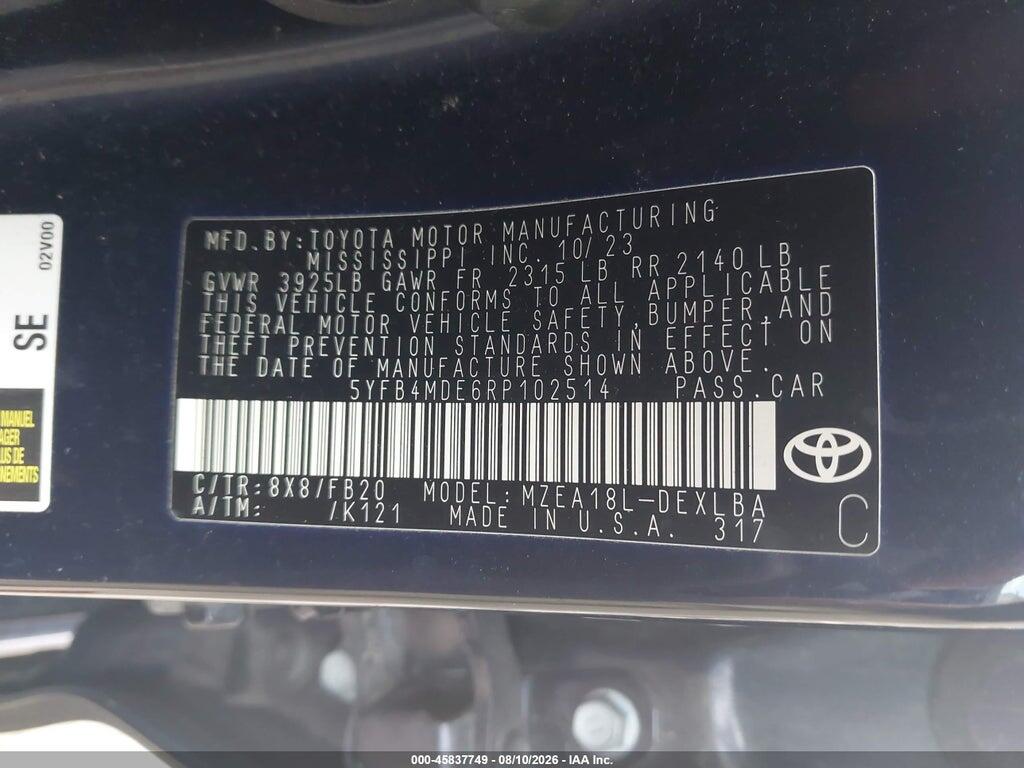 5YFB4MDE6RP102514 2024 TOYOTA COROLLA photo no. 9