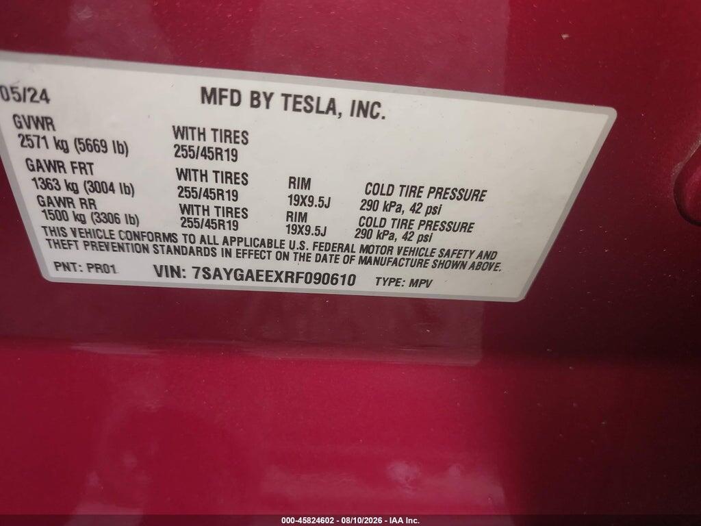 7SAYGAEEXRF090610 2024 TESLA MODEL Y photo no. 9