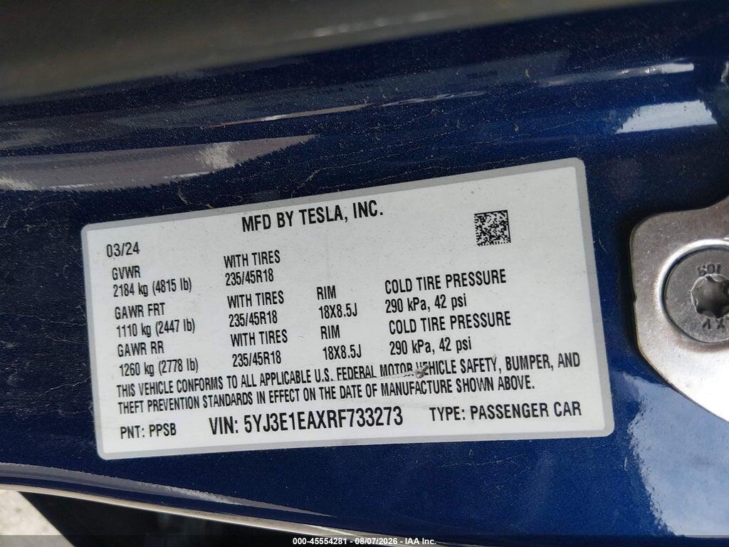 5YJ3E1EAXRF733273 2024 TESLA MODEL 3 photo no. 9
