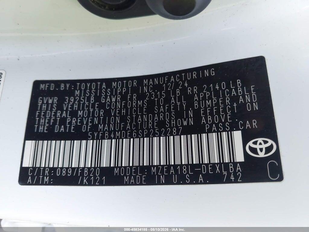 5YFB4MDE6SP252287 2025 TOYOTA COROLLA photo no. 9