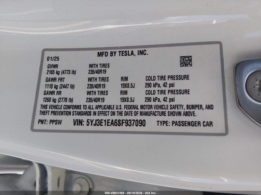 5YJ3E1EA6SF937090 2025 TESLA MODEL 3 photo no. 9
