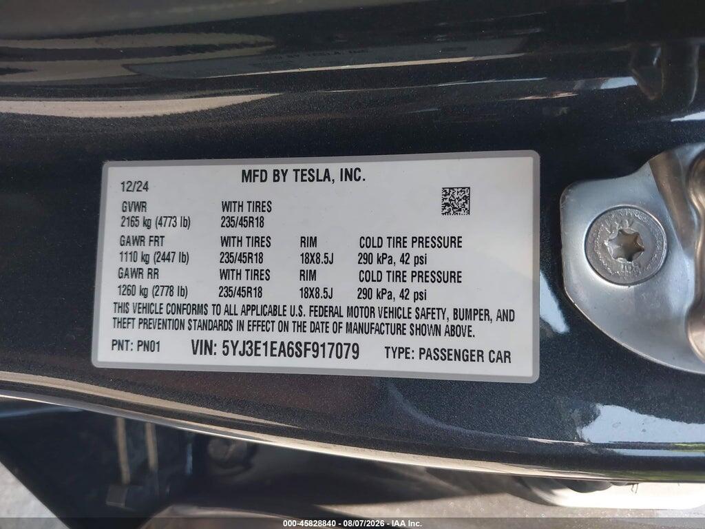 5YJ3E1EA6SF917079 2025 TESLA MODEL 3 photo no. 9