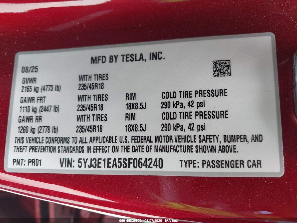 5YJ3E1EA5SF064240 2025 TESLA MODEL 3 photo no. 9