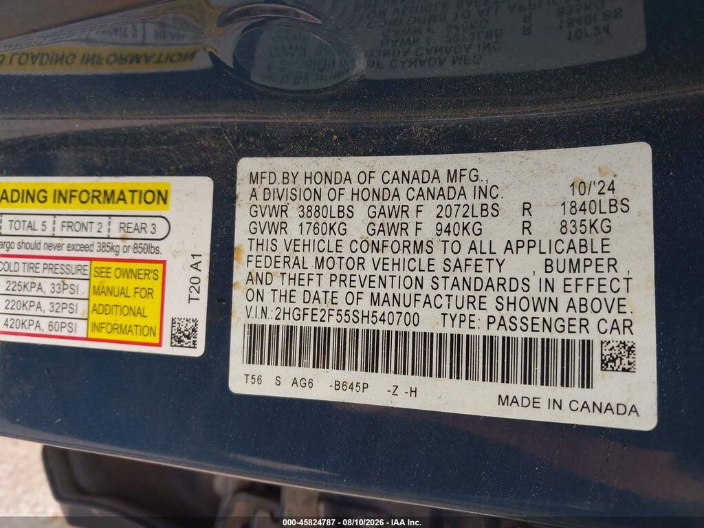 2HGFE2F55SH540700 2025 HONDA CIVIC photo no. 9