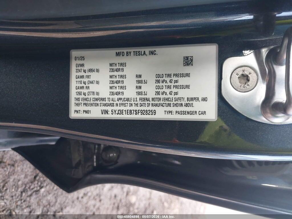 5YJ3E1EB7SF928259 2025 TESLA MODEL 3 photo no. 9