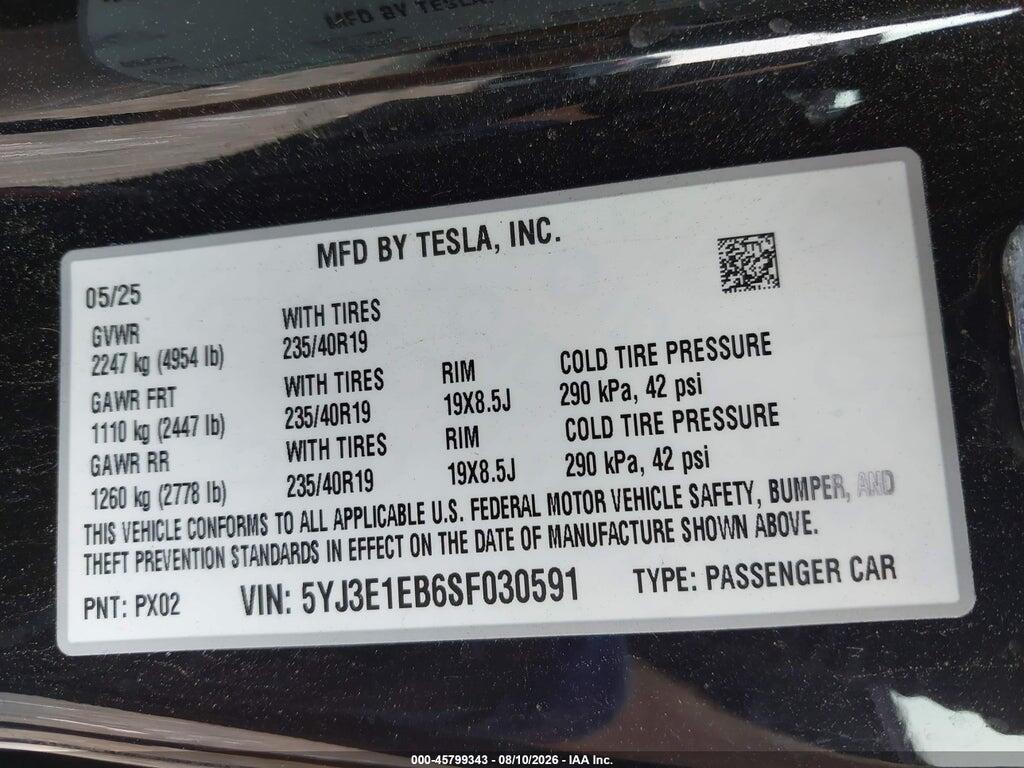 5YJ3E1EB6SF030591 2025 TESLA MODEL 3 photo no. 9