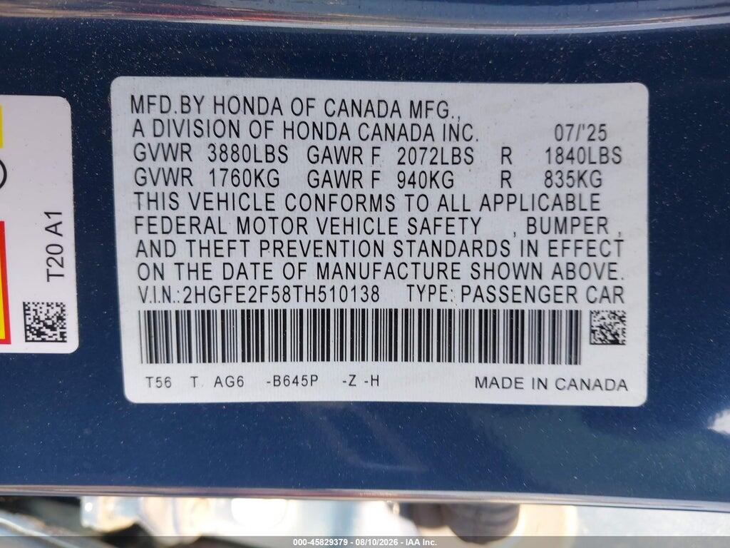 2HGFE2F58TH510138 2026 HONDA CIVIC photo no. 9