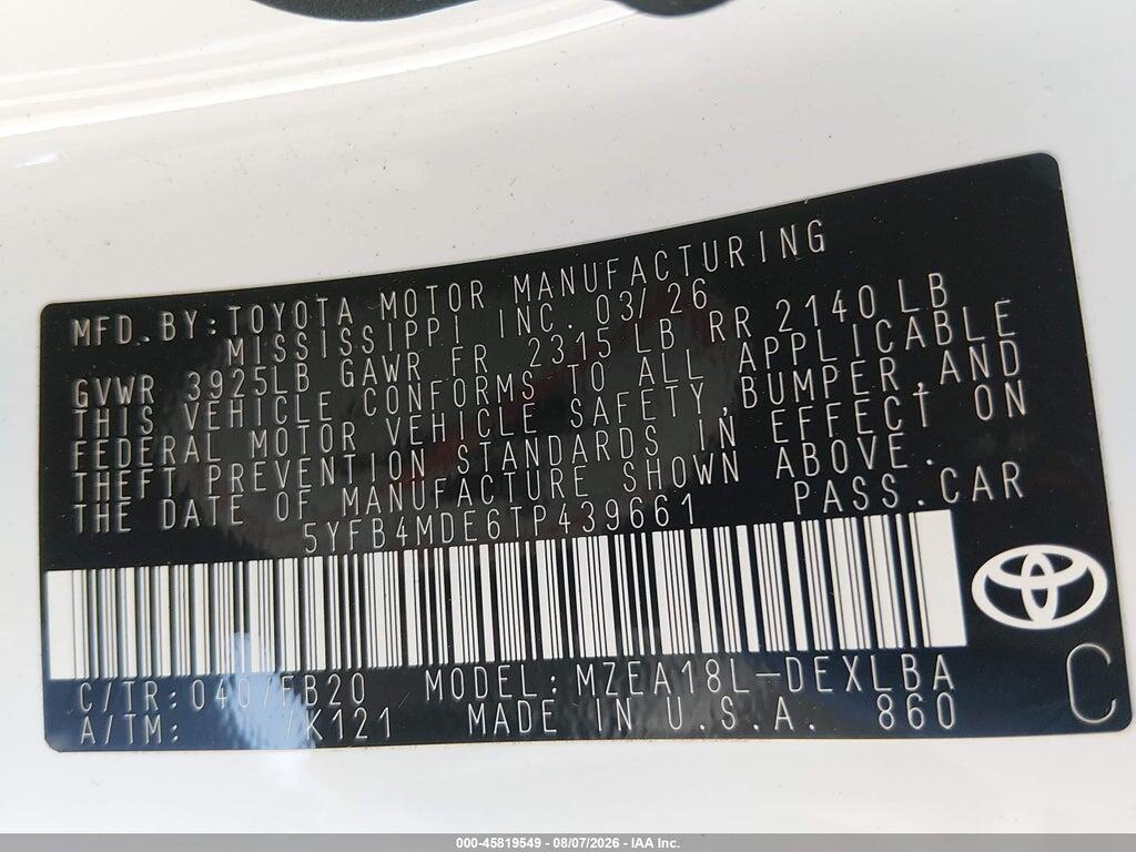 5YFB4MDE6TP439661 2026 TOYOTA COROLLA photo no. 9