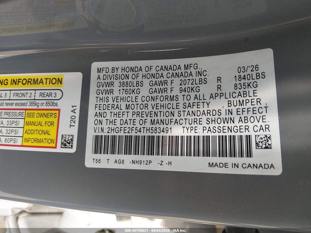 2HGFE2F54TH583491 2026 HONDA CIVIC photo no. 9