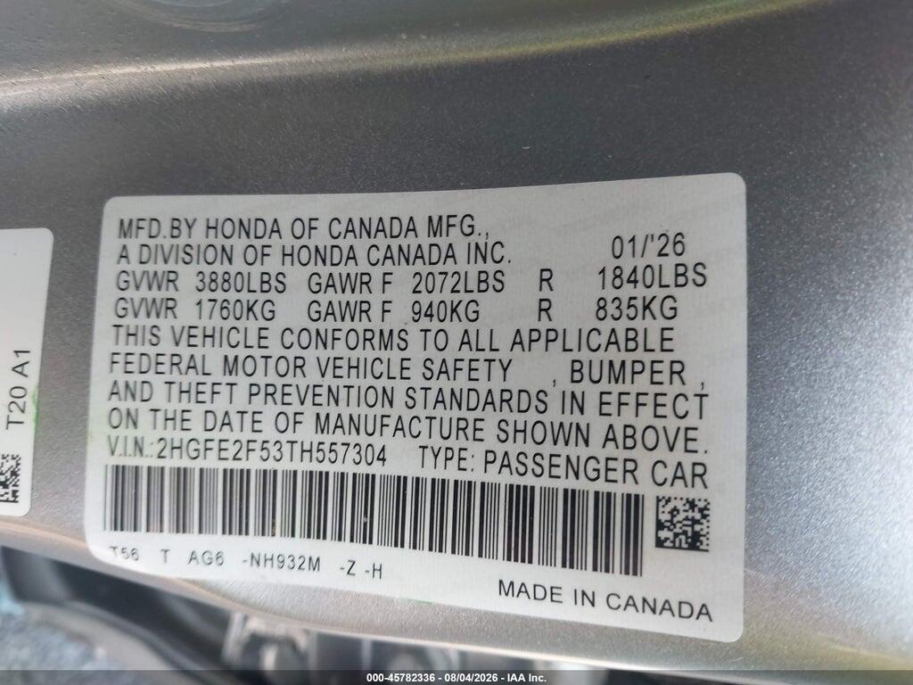2HGFE2F53TH557304 2026 HONDA CIVIC photo no. 9