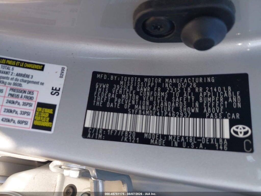 5YFB4MDE4TP462937 2026 TOYOTA COROLLA photo no. 9