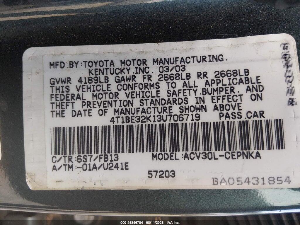 4T1BE32K13U706719 2003 TOYOTA CAMRY photo no. 9