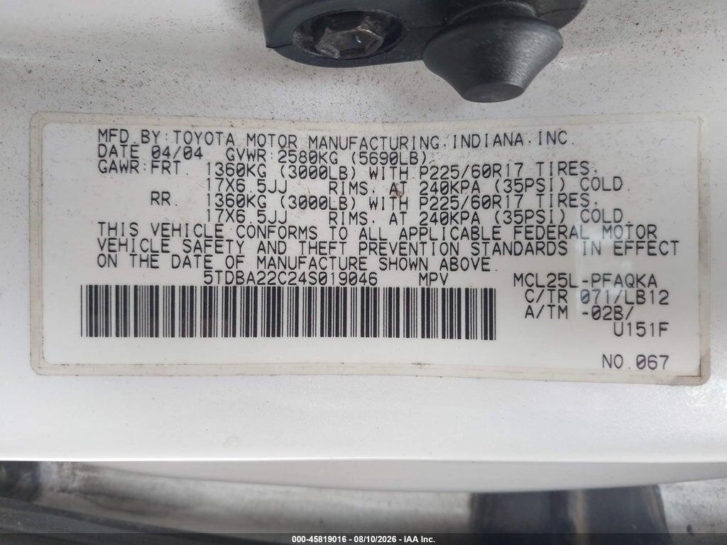 5TDBA22C24S019046 2004 TOYOTA SIENNA photo no. 9