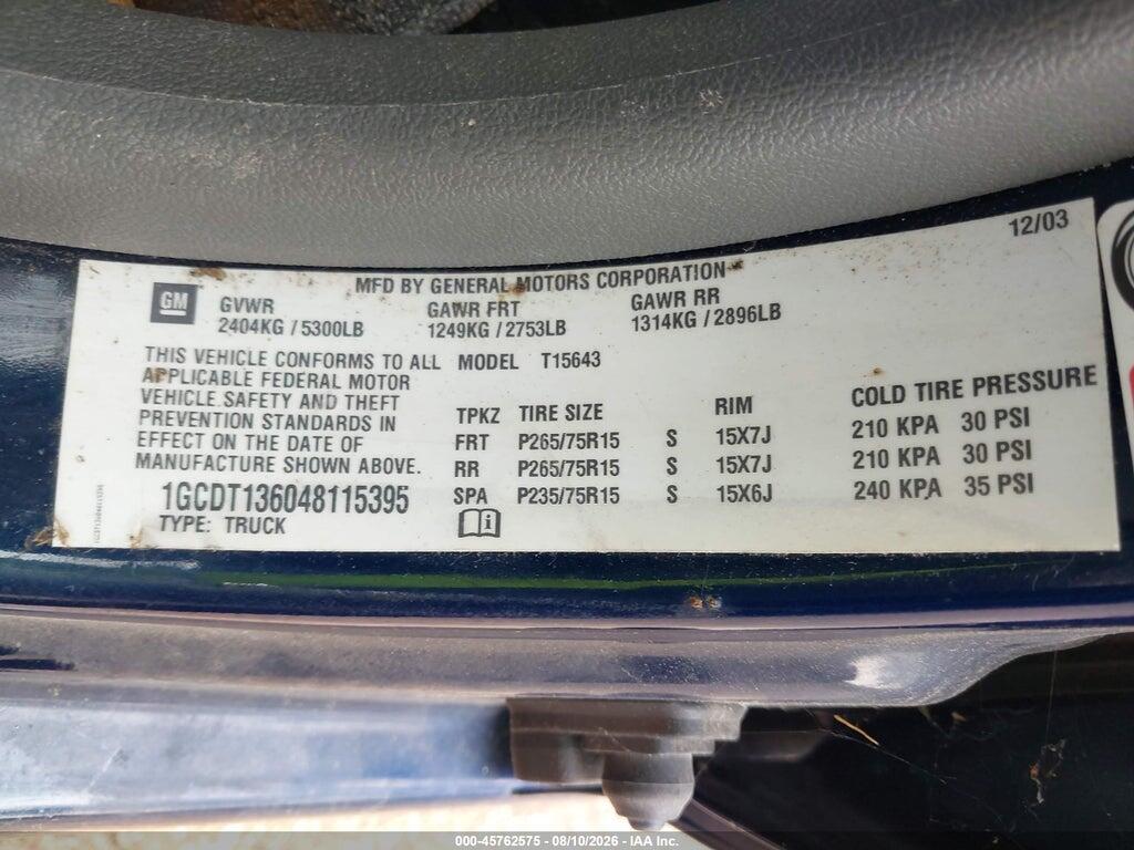 1GCDT136048115395 2004 CHEVROLET COLORADO photo no. 9