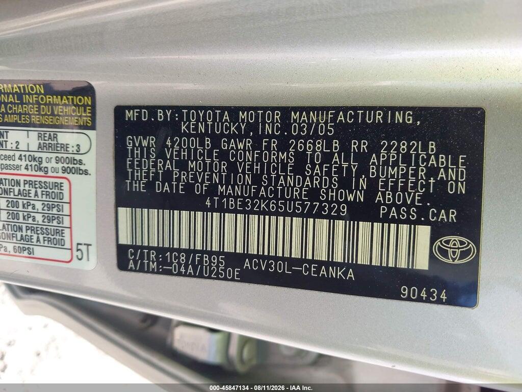 4T1BE32K65U577329 2005 TOYOTA CAMRY photo no. 9