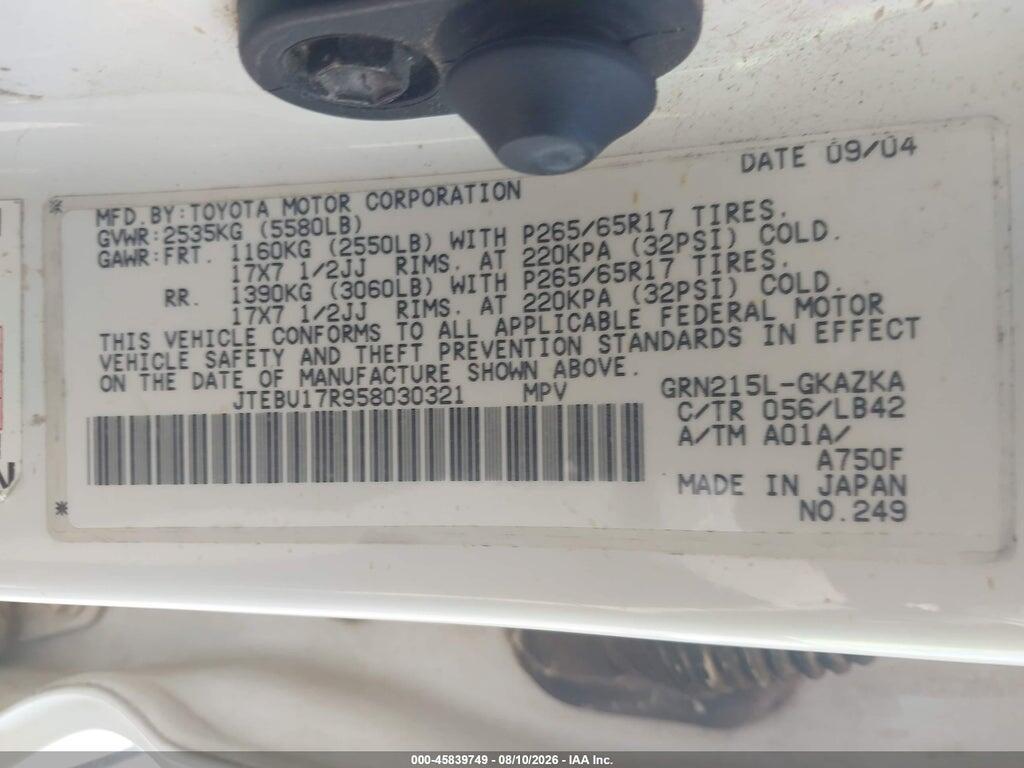 JTEBU17R958030321 2005 TOYOTA 4RUNNER photo no. 9