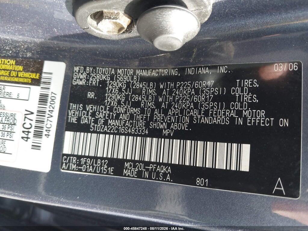 5TDZA22C16S483334 2006 TOYOTA SIENNA photo no. 9