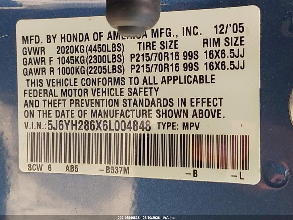 5J6YH286X6L004848 2006 HONDA ELEMENT photo no. 9