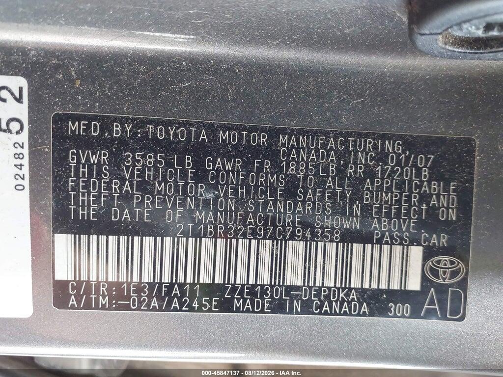 2T1BR32E97C794358 2007 TOYOTA COROLLA photo no. 9