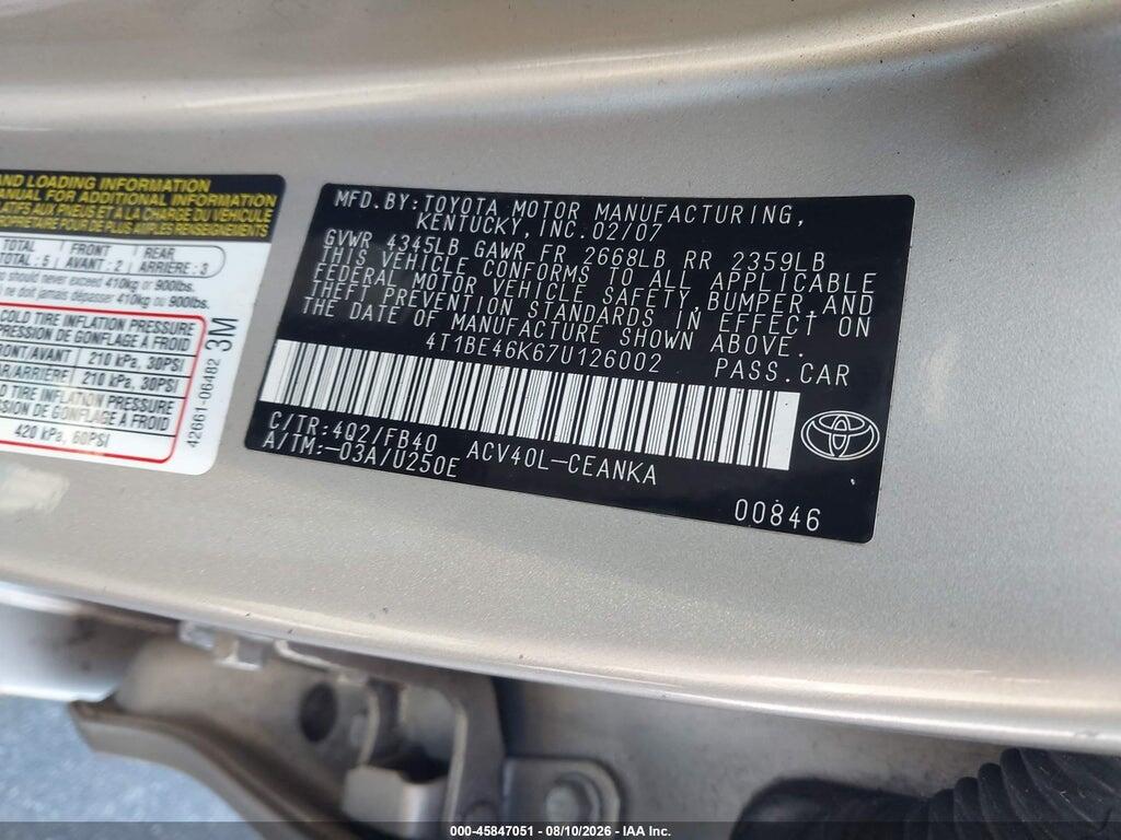 4T1BE46K67U126002 2007 TOYOTA CAMRY photo no. 9