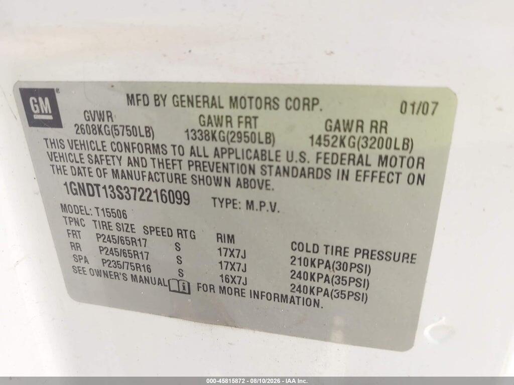 1GNDT13S372216099 2007 CHEVROLET TRAILBLAZER photo no. 9