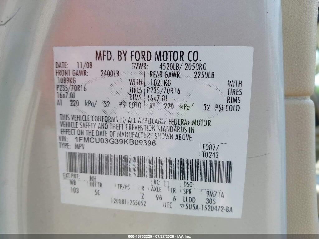 1FMCU03G39KB09396 2009 FORD ESCAPE photo no. 9
