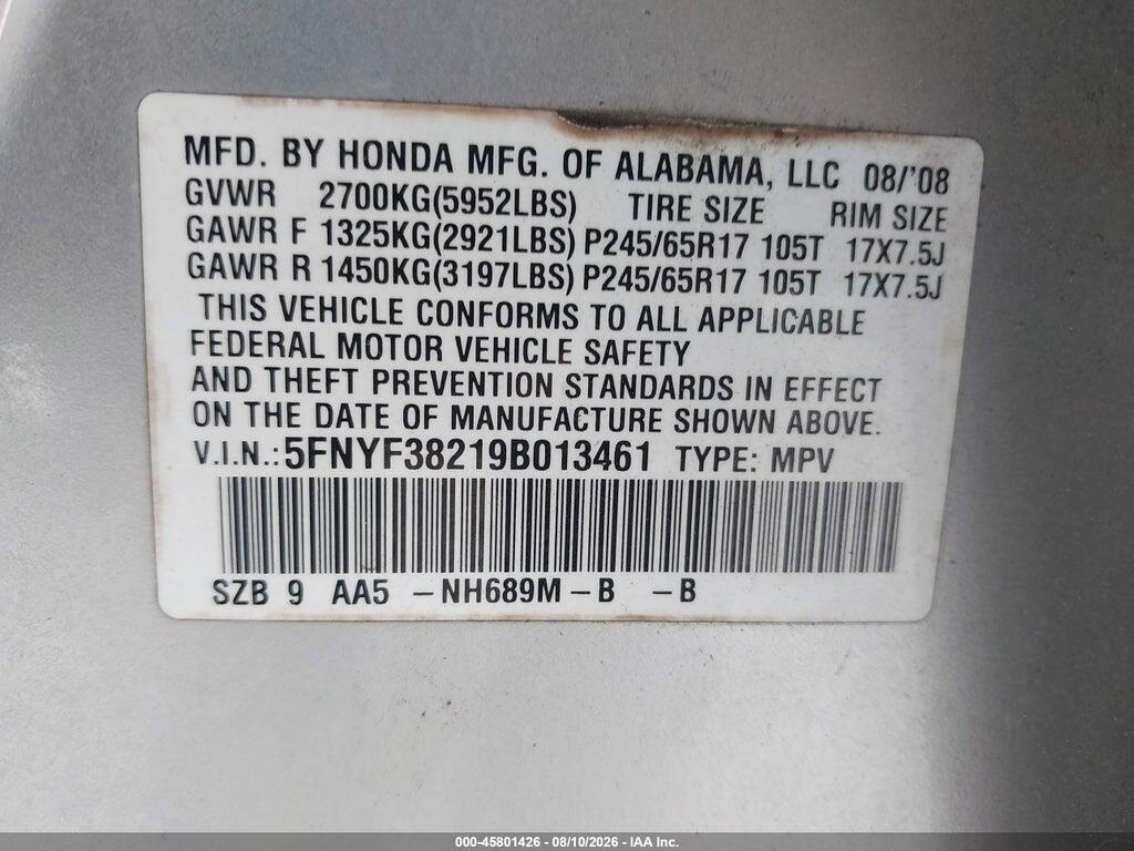 5FNYF38219B013461 2009 HONDA PILOT photo no. 9
