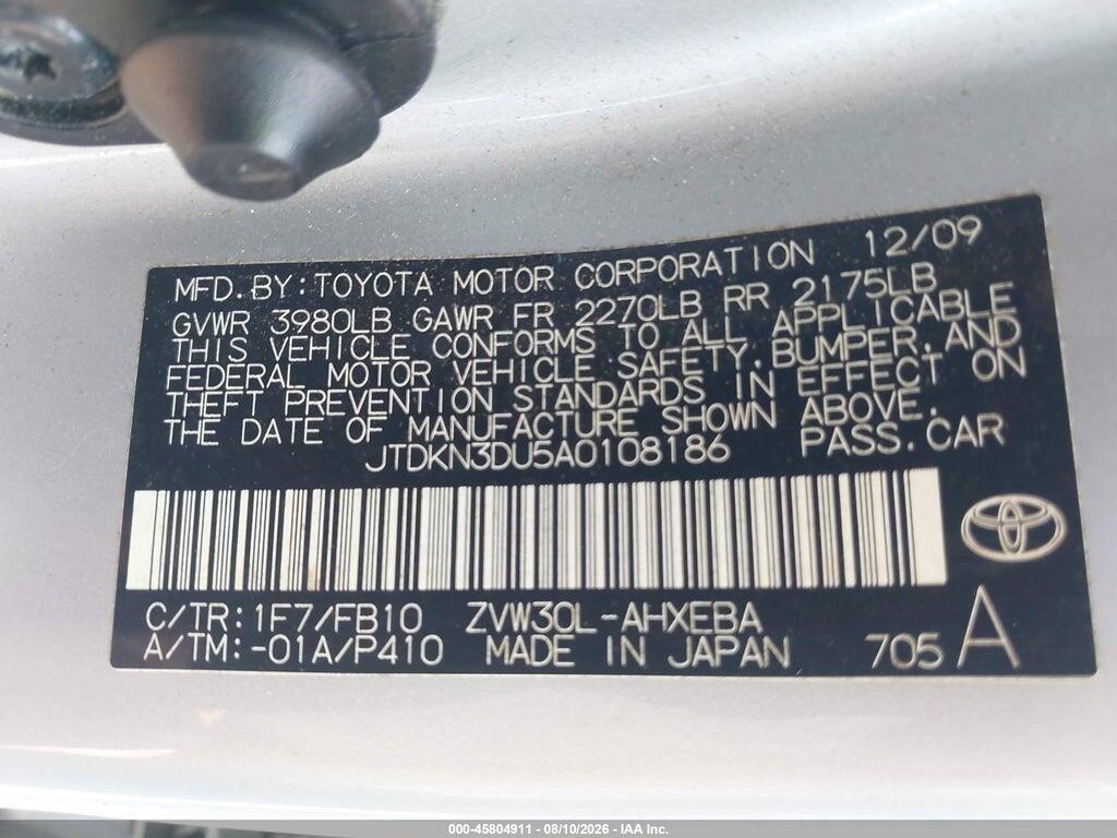 JTDKN3DU5A0108186 2010 TOYOTA PRIUS photo no. 9