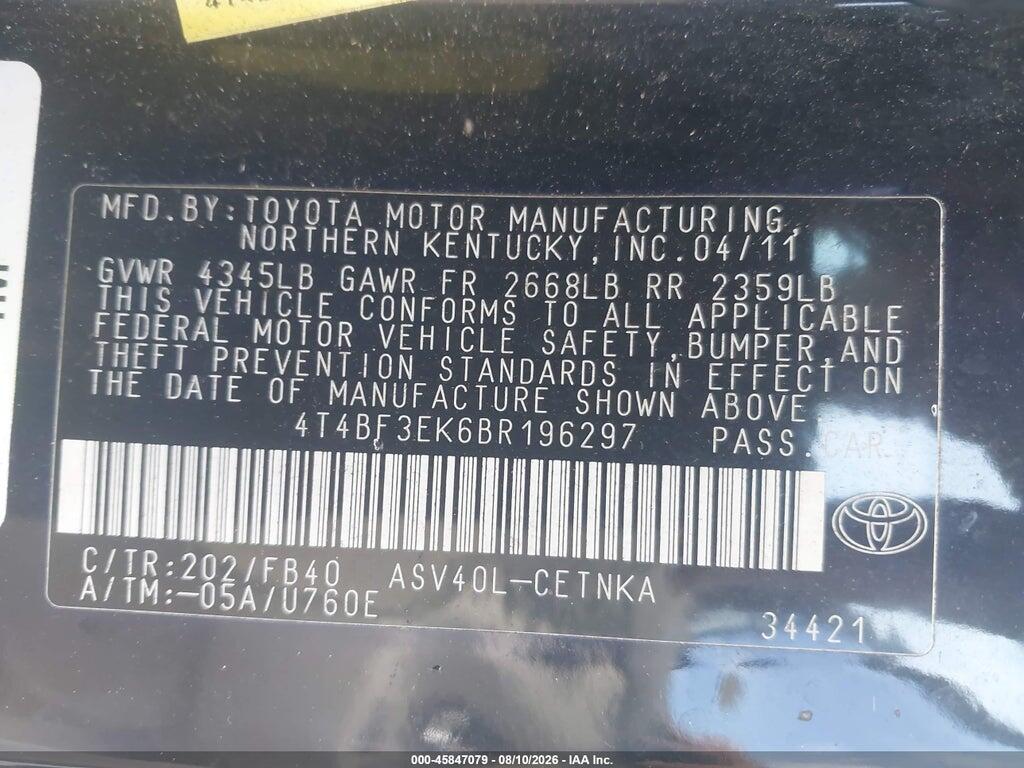 4T4BF3EK6BR196297 2011 TOYOTA CAMRY photo no. 9