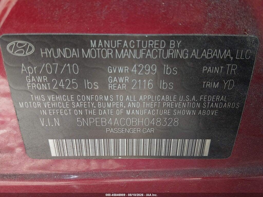 5NPEB4AC0BH048328 2011 HYUNDAI SONATA photo no. 9