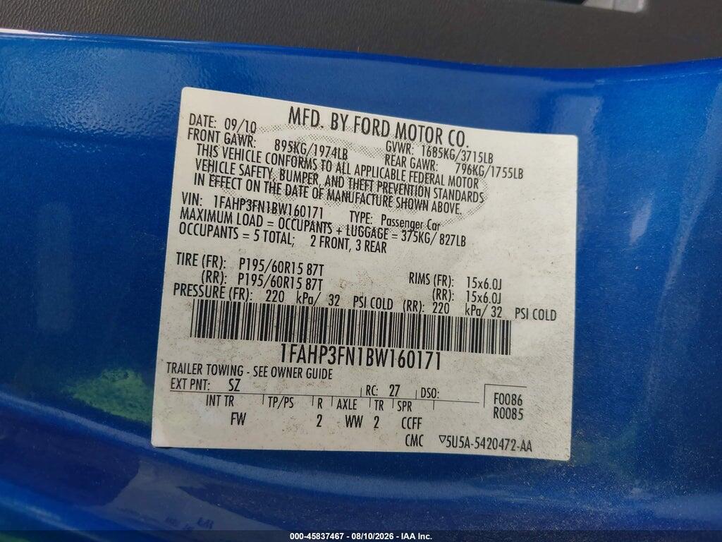 1FAHP3FN1BW160171 2011 FORD FOCUS photo no. 9