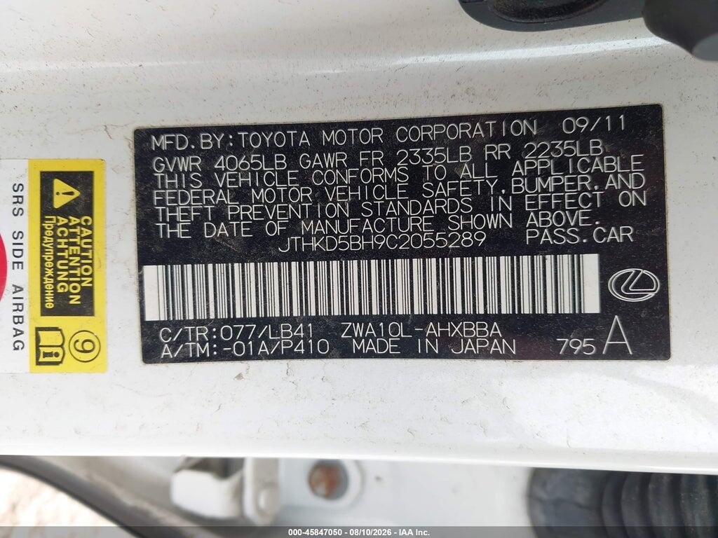 JTHKD5BH9C2055289 2012 LEXUS CT 200H photo no. 9