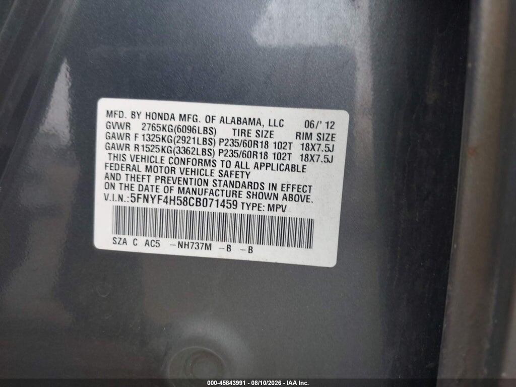 5FNYF4H58CB071459 2012 HONDA PILOT photo no. 9