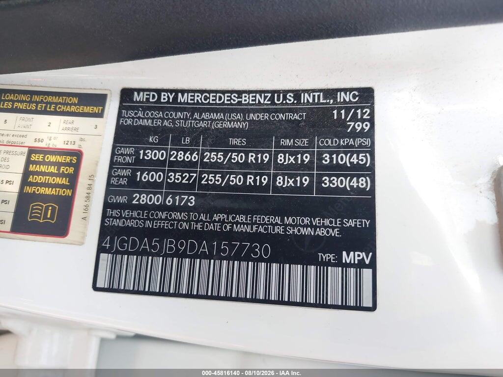 4JGDA5JB9DA157730 2013 MERCEDES-BENZ ML 350 photo no. 9