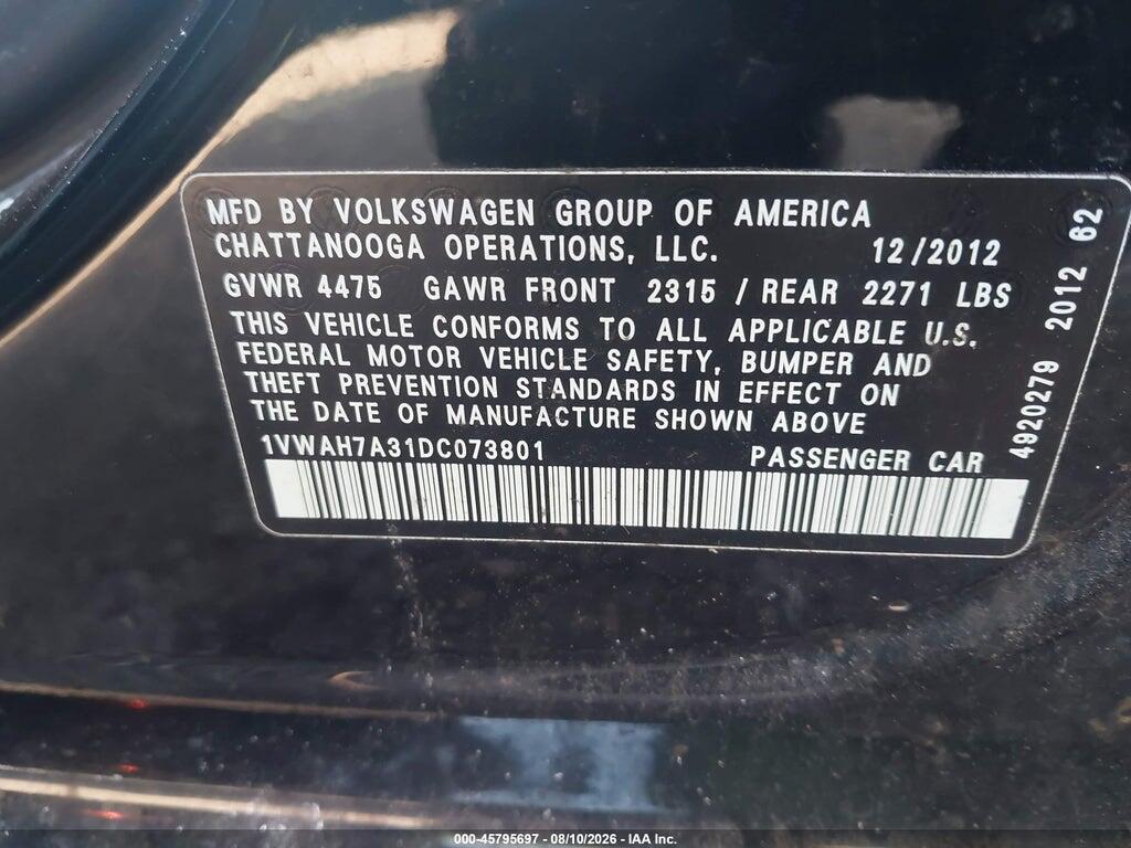 1VWAH7A31DC073801 2013 VOLKSWAGEN PASSAT photo no. 9