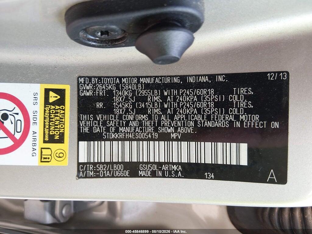 5TDKKRFH4ES005419 2014 TOYOTA HIGHLANDER photo no. 9