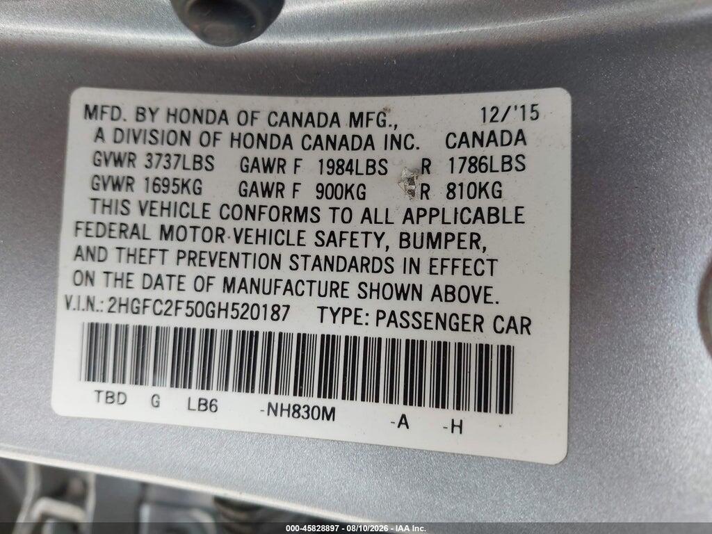 2HGFC2F50GH520187 2016 HONDA CIVIC photo no. 9