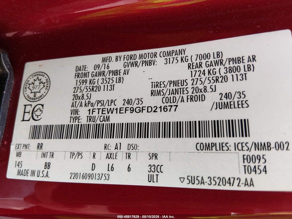 1FTEW1EF9GFD21677 2016 FORD F-150 photo no. 9