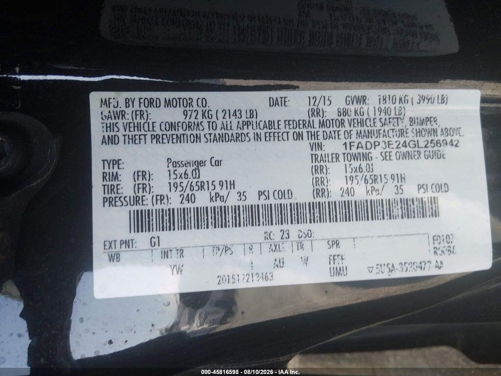1FADP3E24GL256942 2016 FORD FOCUS photo no. 9