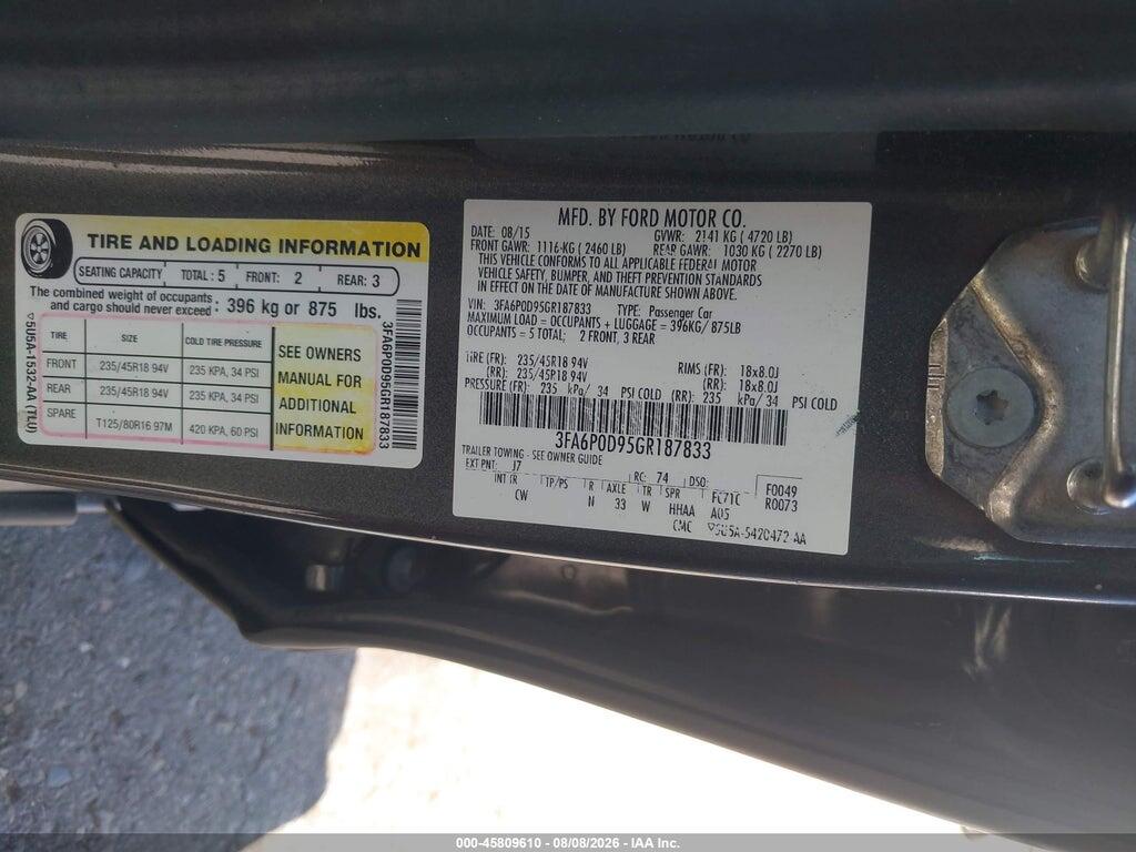 3FA6P0D95GR187833 2016 FORD FUSION photo no. 9