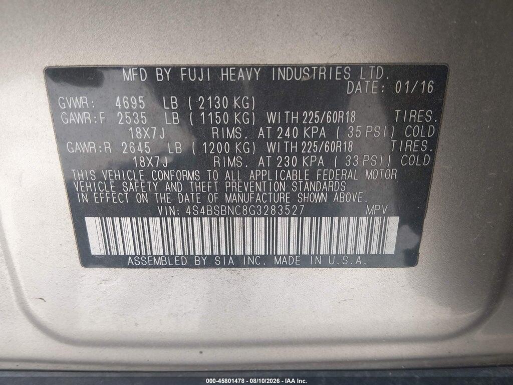 4S4BSBNC8G3283527 2016 SUBARU OUTBACK photo no. 9