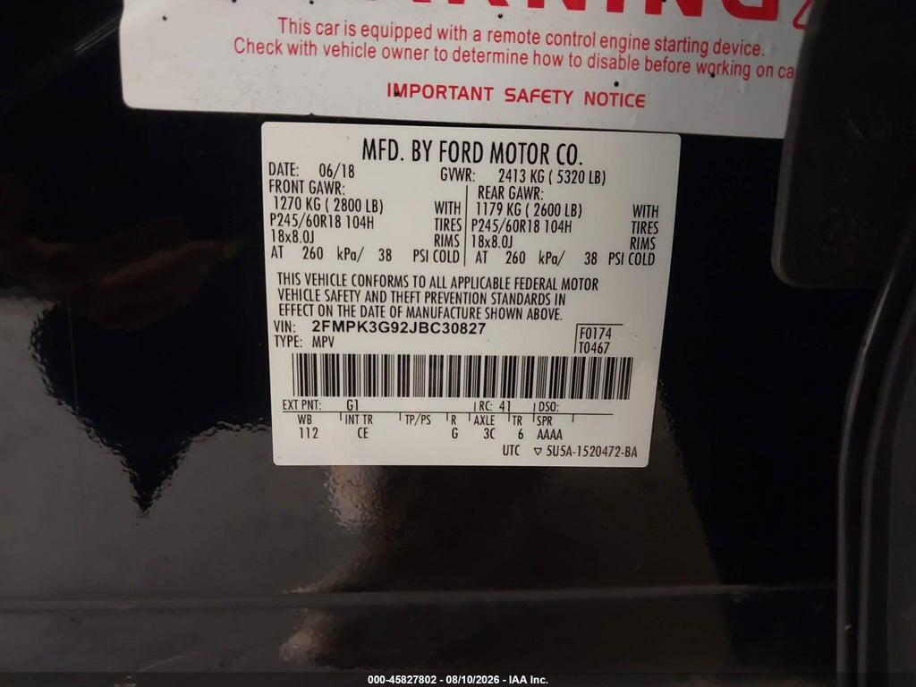 2FMPK3G92JBC30827 2018 FORD EDGE photo no. 9